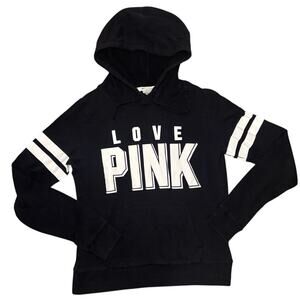 Cute LOVE PINK hoodie w bold varsity‑style lettering & sleeve stripes🖤🤍 Size S